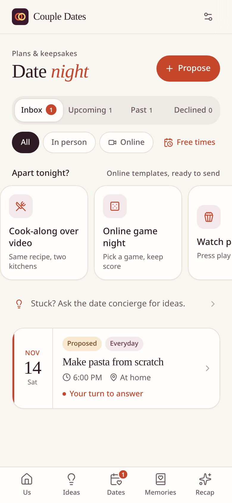 Date night screen in Couple Dates
