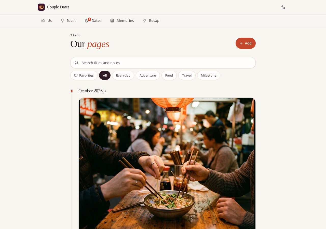 Our pages screen in Couple Dates