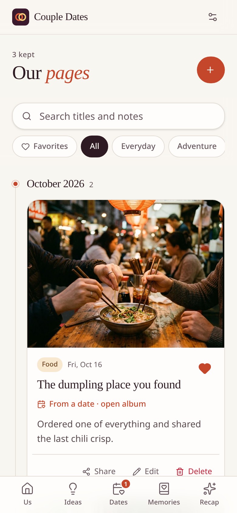Our pages screen in Couple Dates